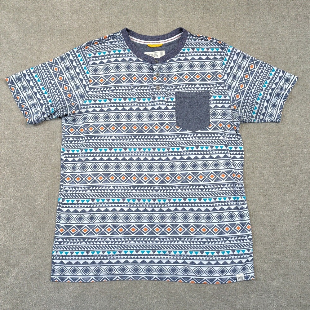 Free Planet Henley Shirt Mens Medium Blue White Orange Geometric Tribal Print